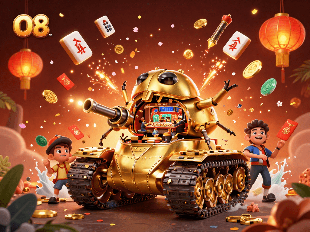 Engage with O8's immersive gaming experience inside a colorful 3D casino tank, full of vibrant details.