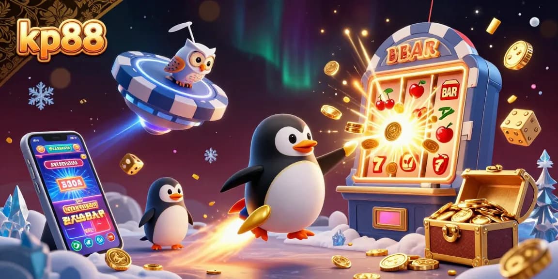 Experience kp88's thrilling gaming scene with a golden penguin soaring toward a flashy slot machine jackpot.