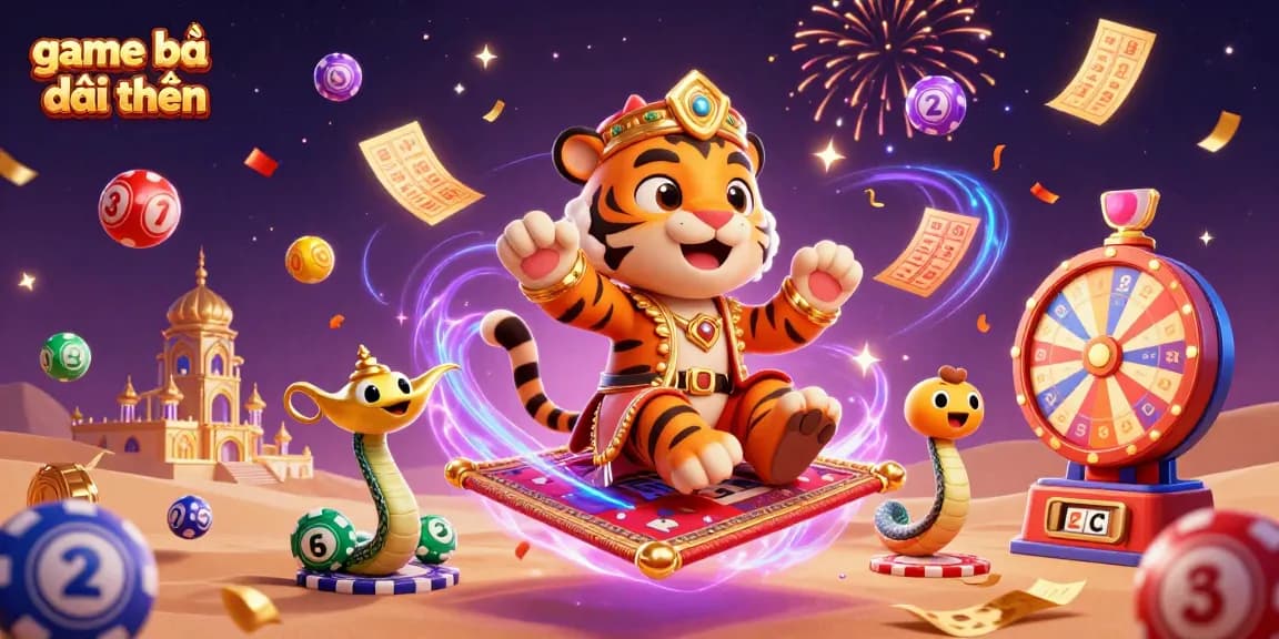 Engaging scene of game bài đổi thưởng featuring a tiger sultan on a flying carpet surrounded by vibrant gambling elements.