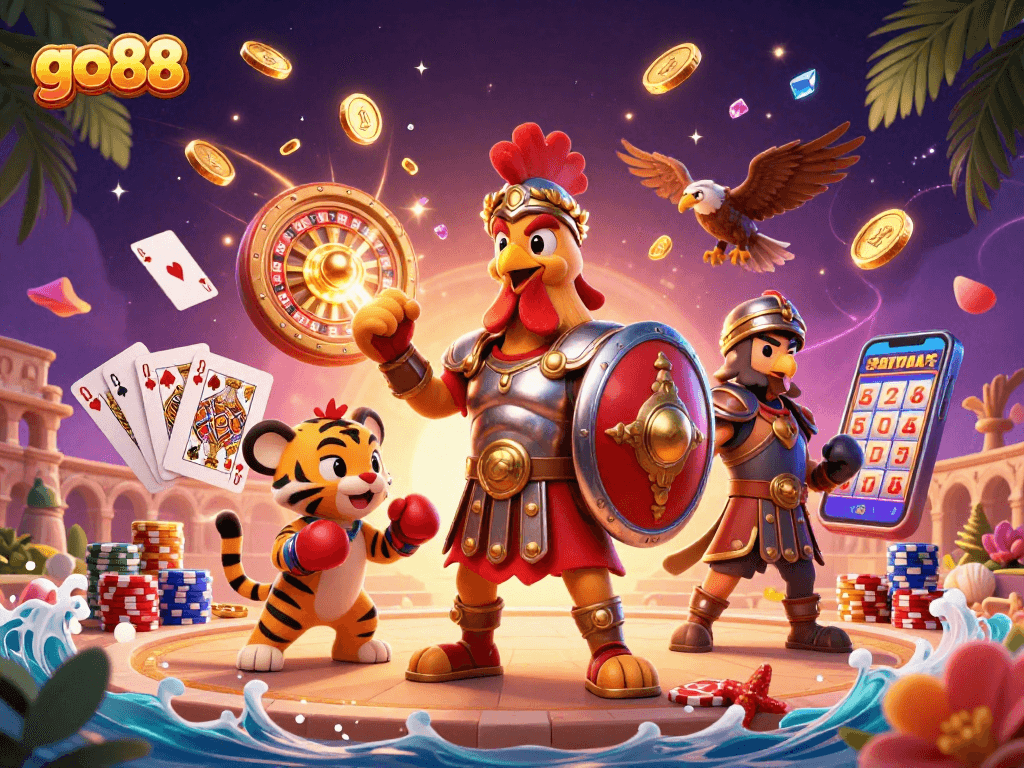 Experience go88 casino thrills with a 3D cartoon gladiator rooster and casino elements.