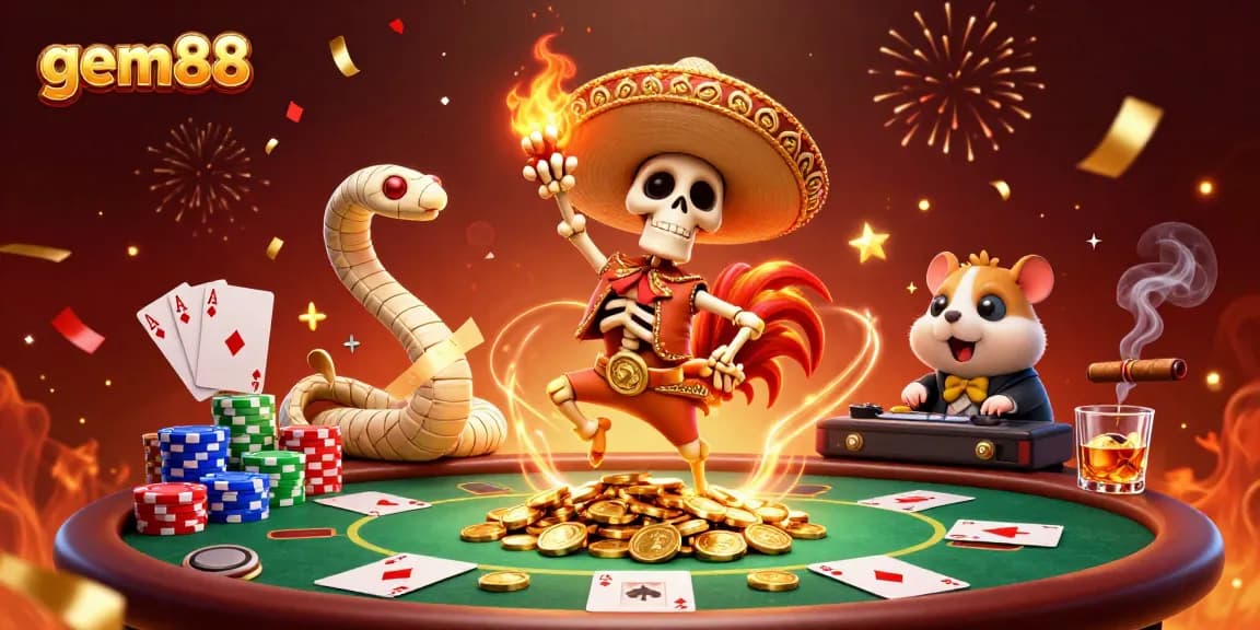 gem88 celebration scene with cartoon characters dancing on coins and poker elements