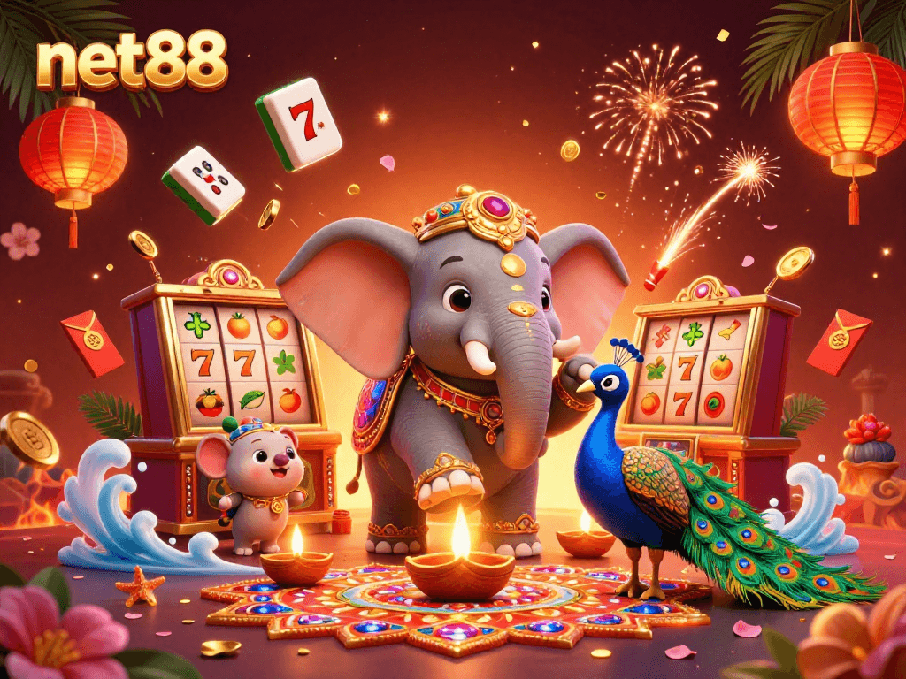 Experience the vibrant casino world with net88 through a lively 3D elephant and festive decor.