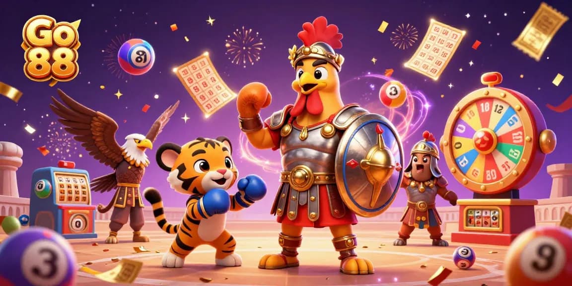 Go 88 illustrates a dynamic casino scene with vibrant lottery elements and engaging characters.
