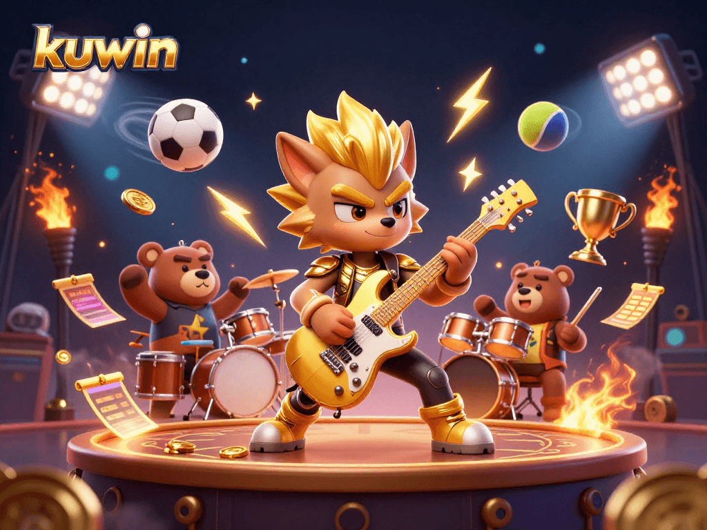 Kuwin sports betting promotes excitement with lively characters on a vibrant casino stage.