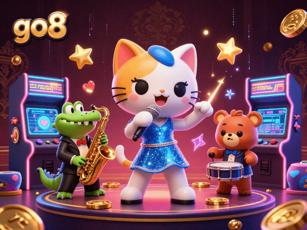 Engage with go8's vibrant gaming scene featuring jazz cat, crocodile, and bear in a lively casino.