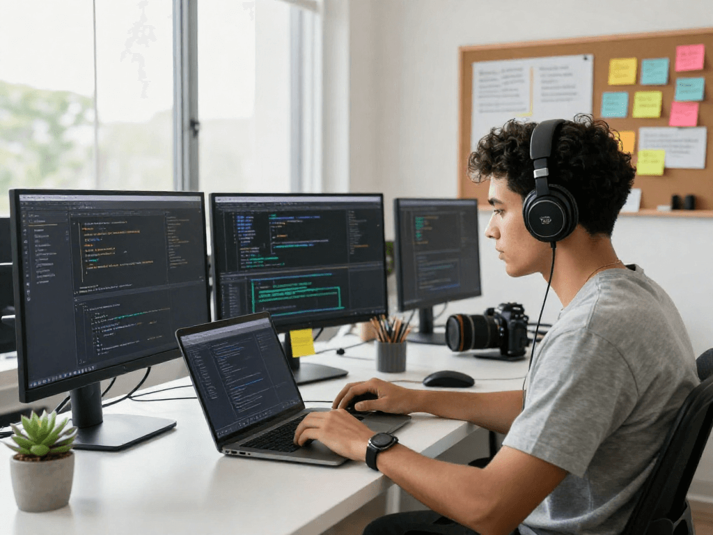 Juicy chat ai software developer immersed in AI project in a modern workspace with dual monitors and vibrant notes.