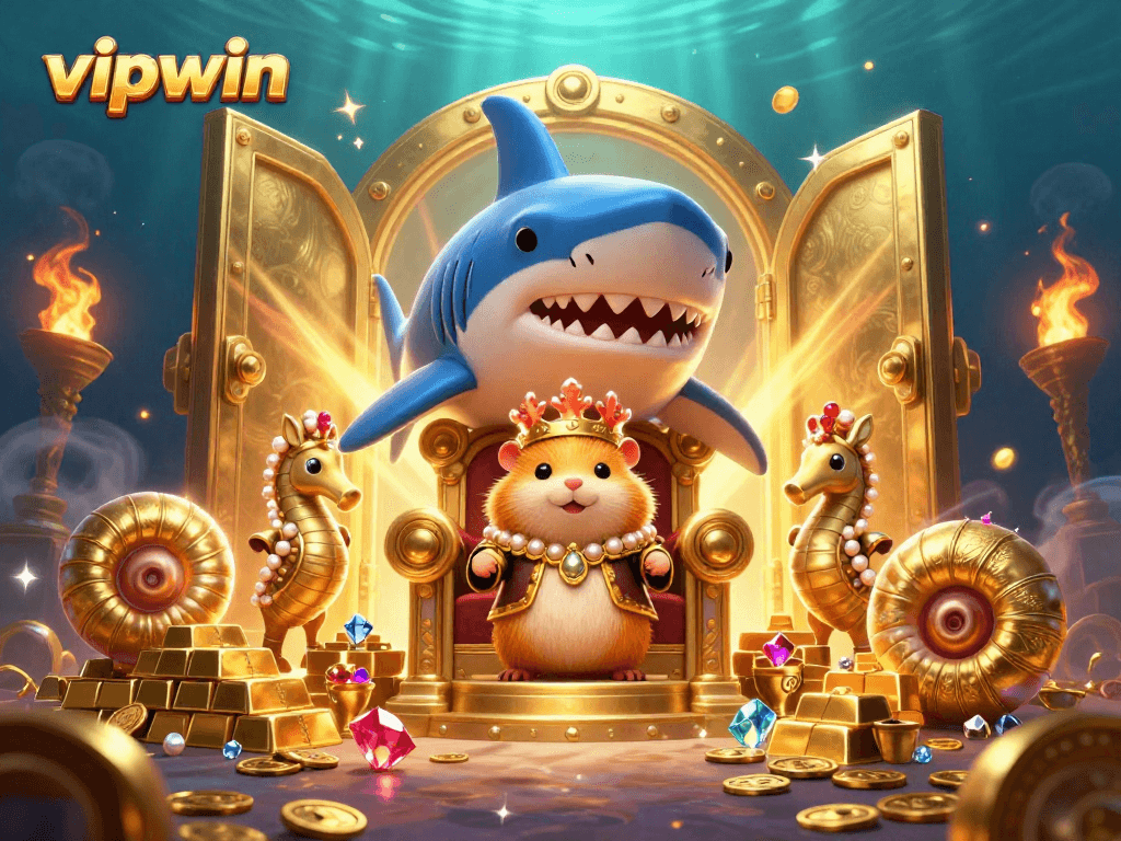 Experience the thrilling action at vipwin with a vibrant 3D casino scene featuring treasures and royal characters.