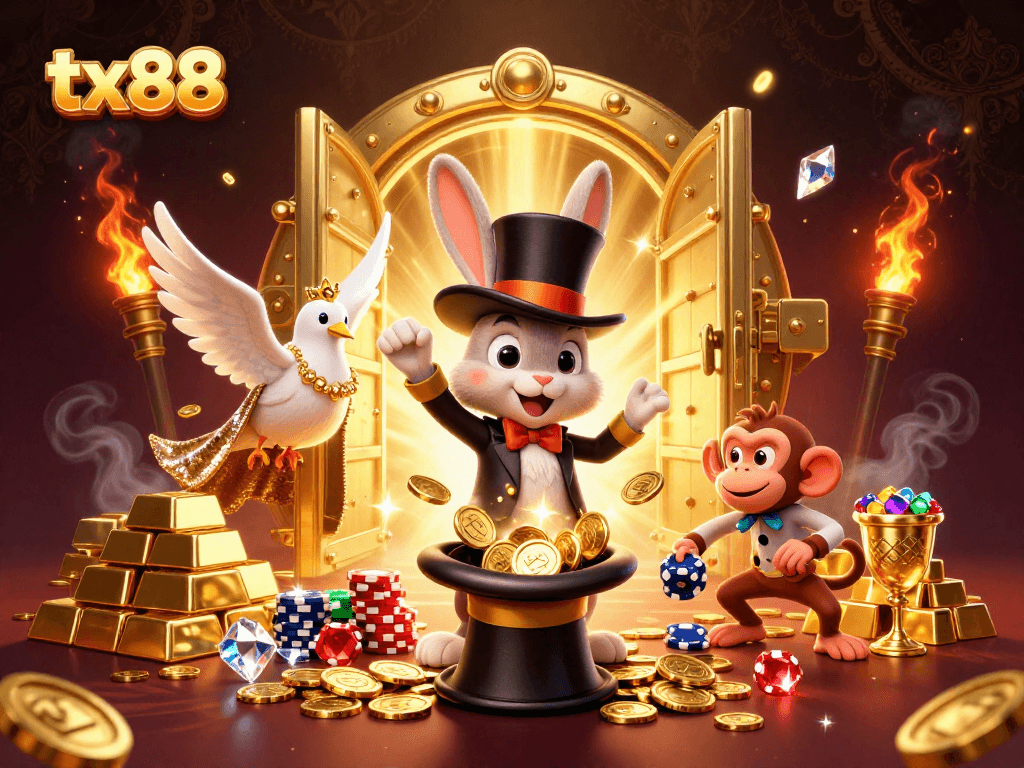 Experience the magic of tx88 with a dynamic casino scene featuring a magician rabbit and animated characters.