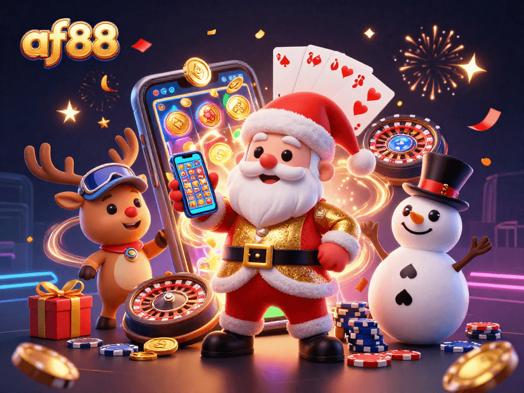 Join Santa, his reindeer, and a snowman at af88 for vibrant slot action and casino fun!
