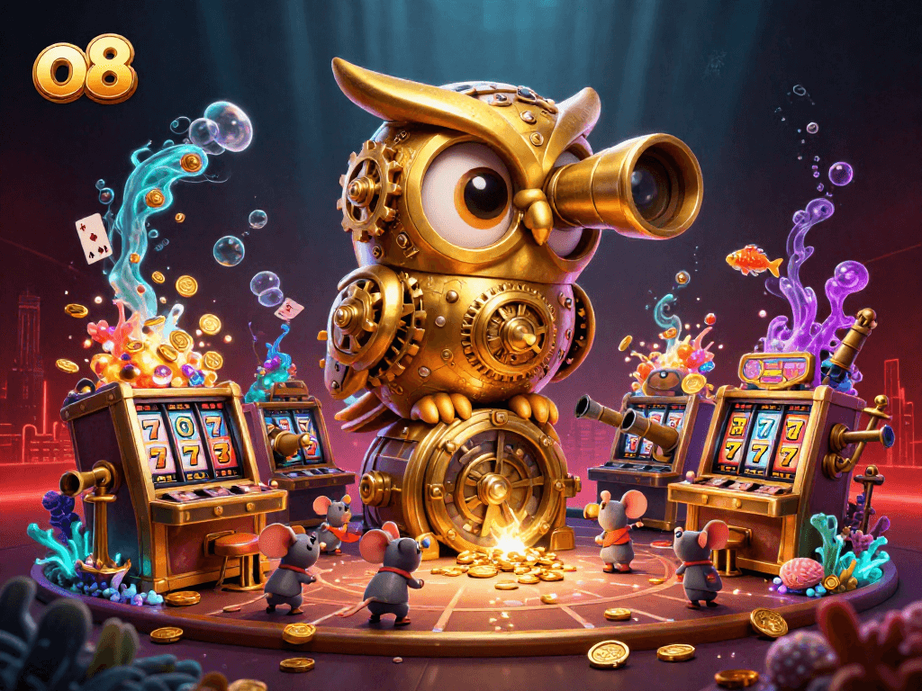 Join the excitement at o8 with a golden owl overseeing a vibrant casino scene packed with treasures and games.