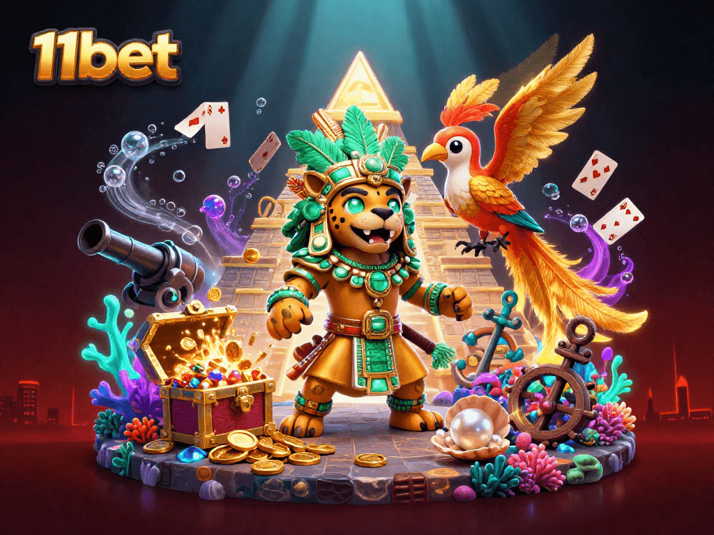 Immerse in the excitement with 11bet's vibrant Mayan-themed casino illustration featuring treasure and games.