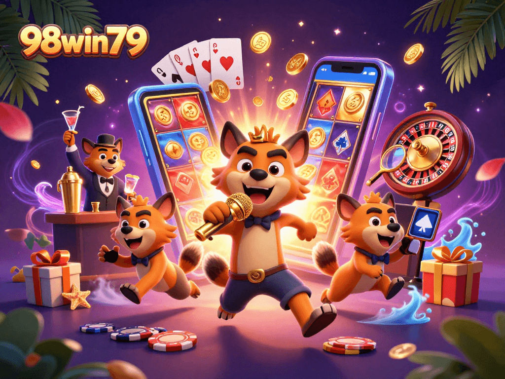 Join the fun at 98win79's vibrant casino scene featuring hyenas in action!