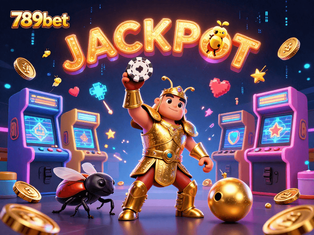 Win big with 789bet! 3D illustration showcasing a victorious beetle with poker chips amidst colorful gaming elements.