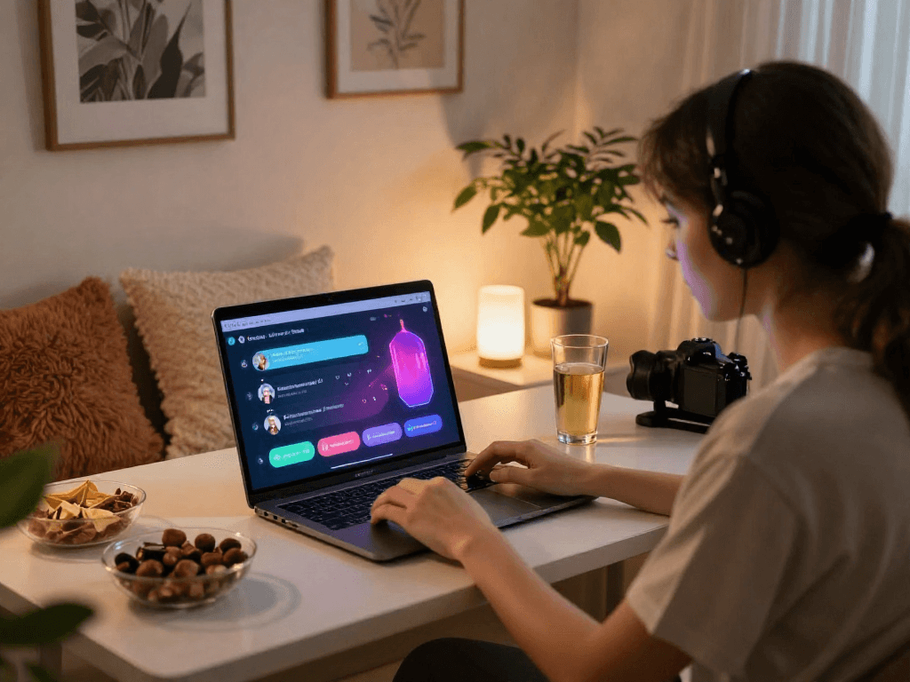 User engaging in a porn chat AI experience in a cozy setting, showcasing interactive technology.