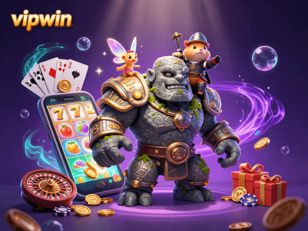 Experience vibrant gaming magic with vipwin's engaging 3D casino scene featuring golem, fairy, and hamster knight.
