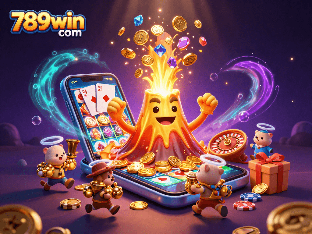 Engage in thrilling gameplay with 789win com, featuring a golden volcano erupting treasures amidst vibrant casino elements.