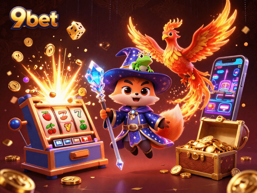 Experience spectacular wins with 9bet in this vibrant and dynamic 3D casino illustration.