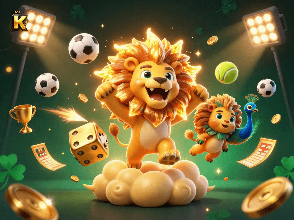 Kuwin captivates players with a vibrant digital casino scene showcasing dice, sports elements, and a triumphant lion.