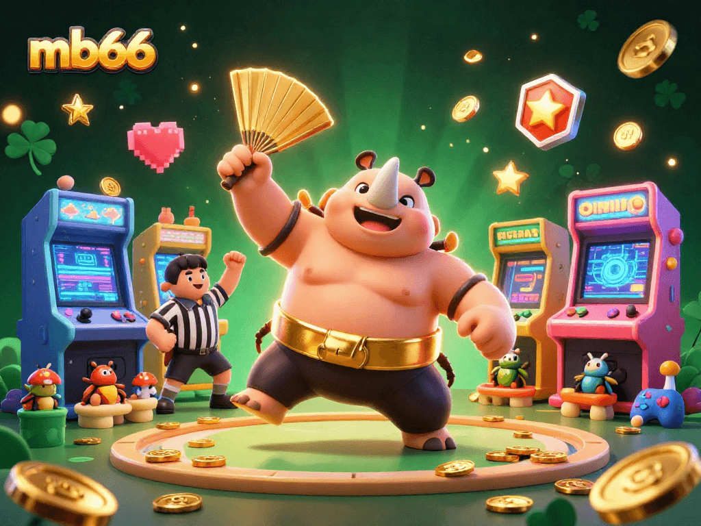 Experience thrilling gaming at mb66 with our cartoon sumo beetle champion revealing hidden treasures.