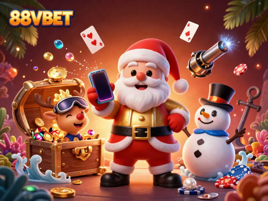 Win big at 88VBET with a festive illustration of Santa and friends celebrating jackpot slots.