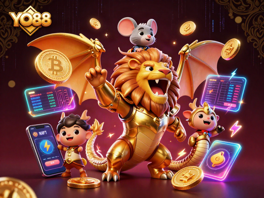 Experience thrilling games at YO88 with a golden chimera and crypto elements showcasing online casino excitement.