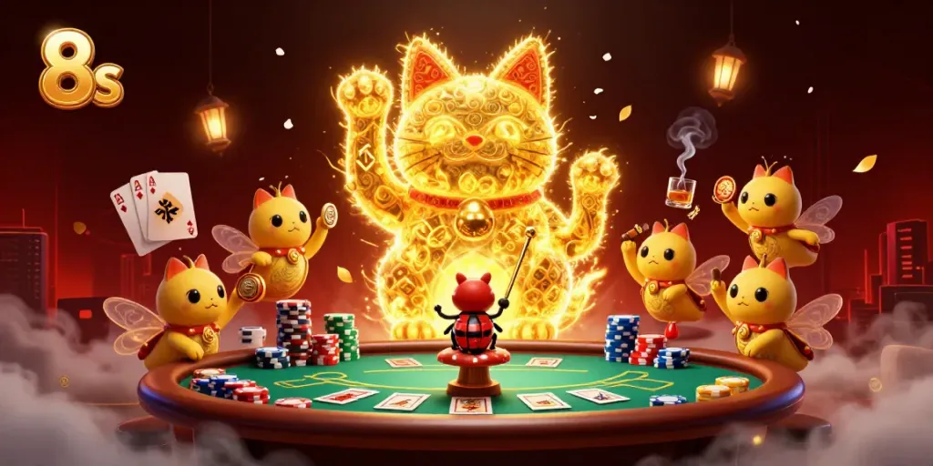 Experience the excitement of 8s with our dynamic casino scene featuring a lucky cat and vibrant game elements.