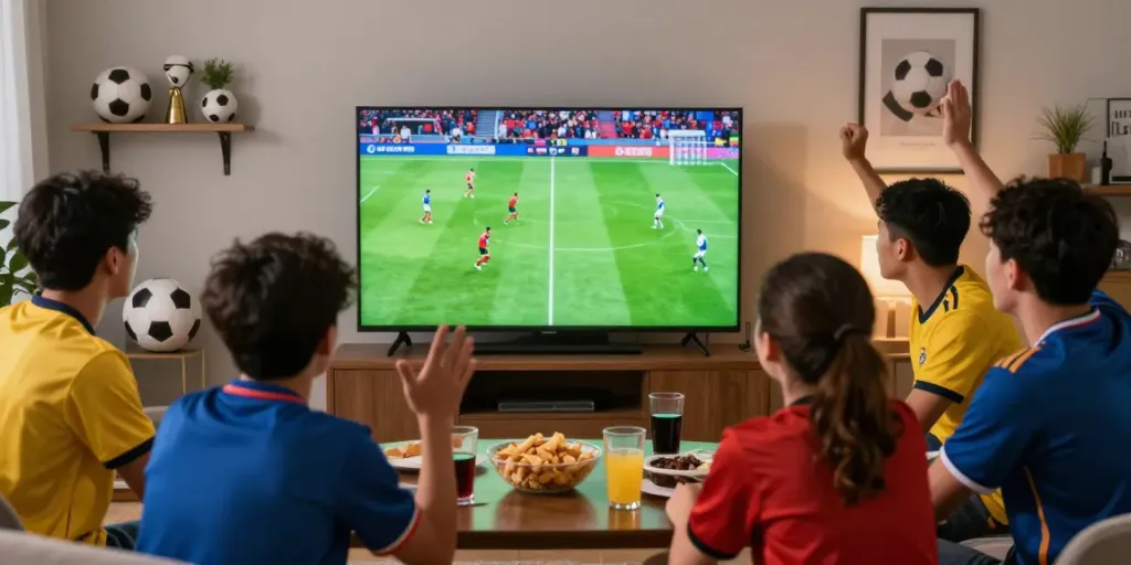 Fans enjoying an exciting match on GavangTV, celebrating with snacks and drinks.