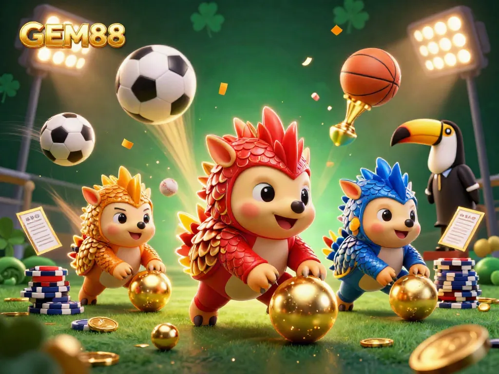 Experience the excitement of GEM88 with rival pangolins competing amidst poker chips and betting elements.