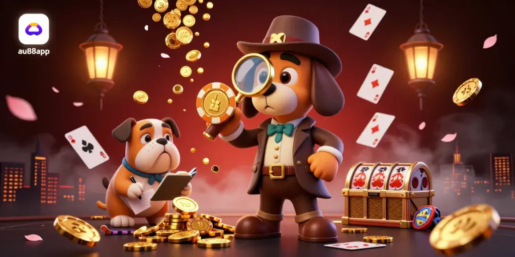 Experience winning strategies at au88app, featuring a detective exploring poker clues amidst a vibrant casino scene.