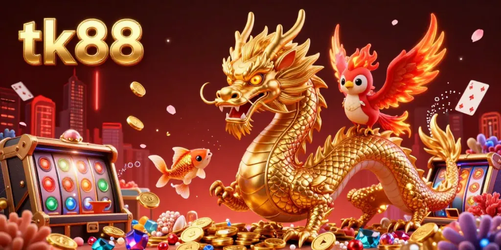 Immerse in the tk88 casino experience featuring a golden dragon and phoenix amidst dynamic gaming elements.