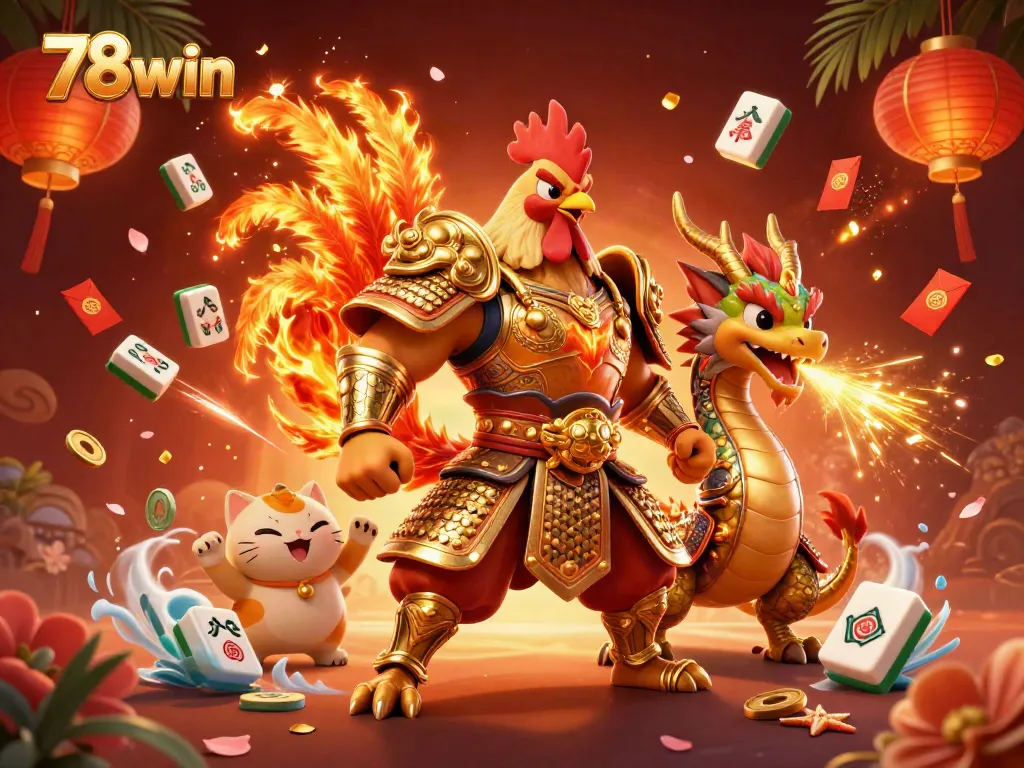 Engage with 78win's vibrant casino universe featuring a fighting rooster and armored dragon.