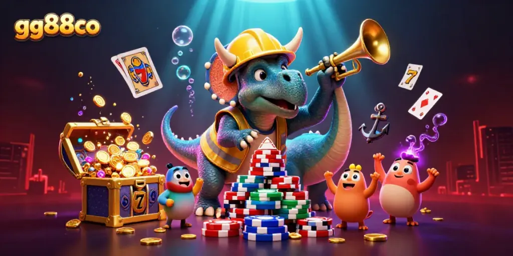 Join the celebration at gg88co as a triceratops stacks poker chips with cheering companions in a vibrant casino scene.