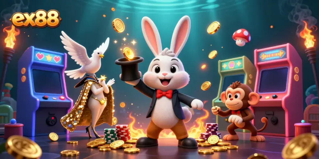 Experience the magic of ex88 as a magician rabbit pulls coins, surrounded by vibrant casino elements.