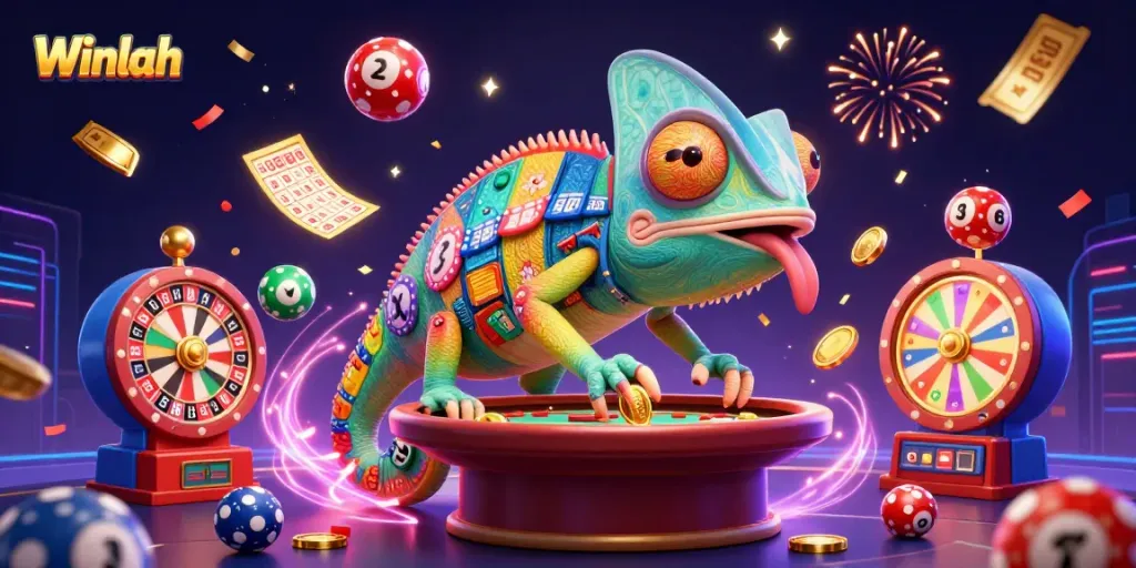 Winlah captivates players in an animated casino scene with golden coins, bouncing lottery balls, and festive confetti.