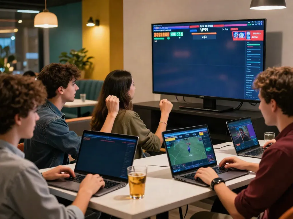 Engaged group of friends enjoying vin88's online betting experience in a modern lounge.