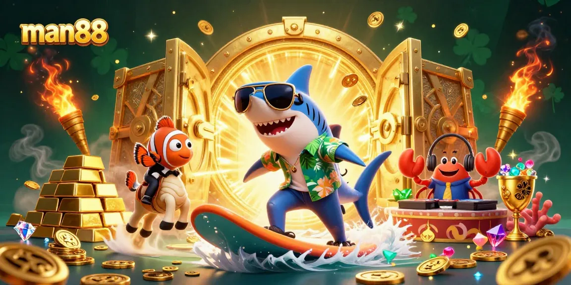 Play man88 in a colorful casino world filled with gold coins, gems, and vibrant characters.