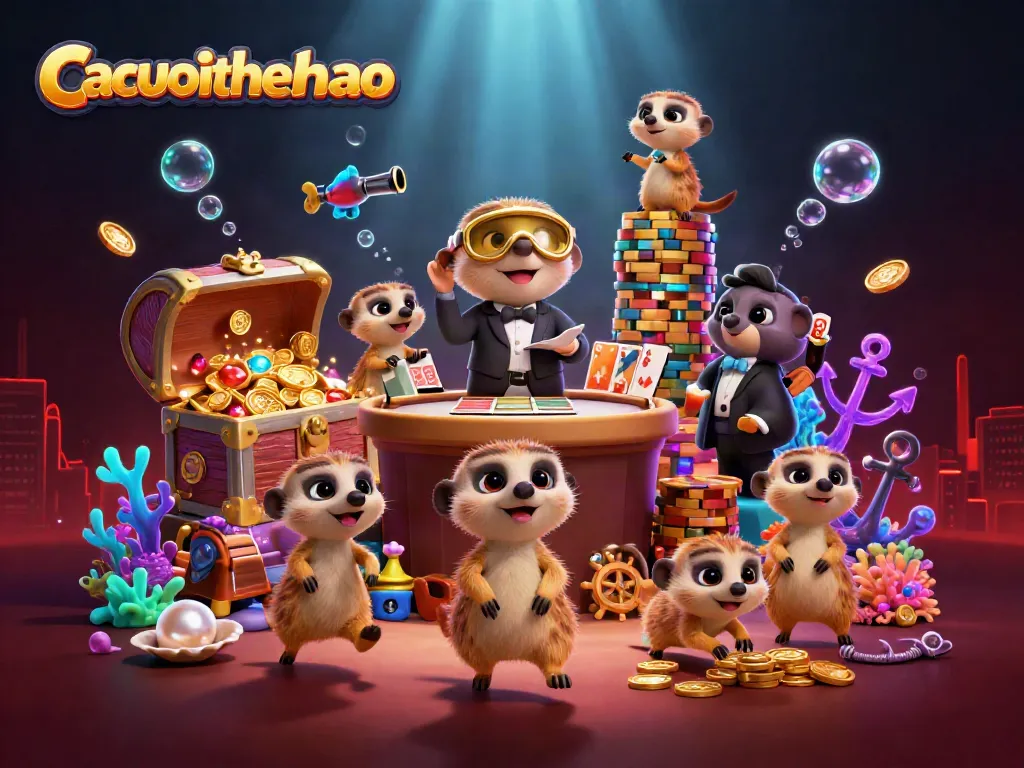 Cacuocthethao showcases a vibrant meerkat casino scene with dealers, gold coins, and colorful gems.