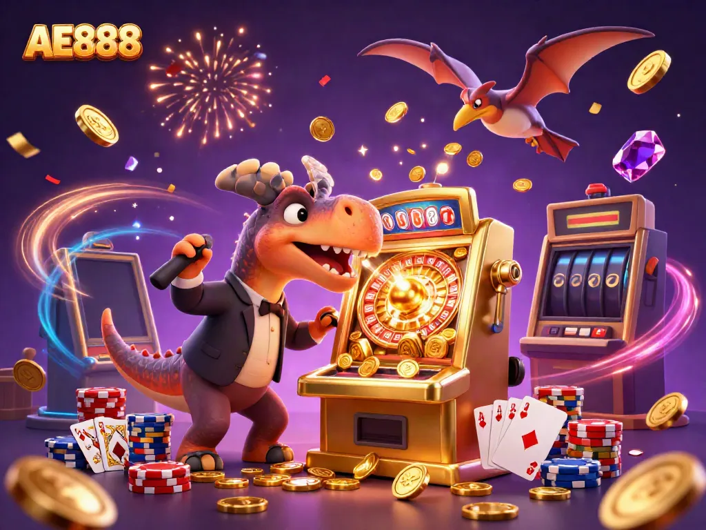 AE888's pachycephalosaurus celebrating jackpot wins with golden coins and a casino manager in a vibrant 3D scene.