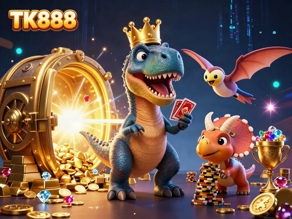 Participate in exciting games at TK888, featuring a T-Rex shuffling cards and winning with golden chips and treasures.