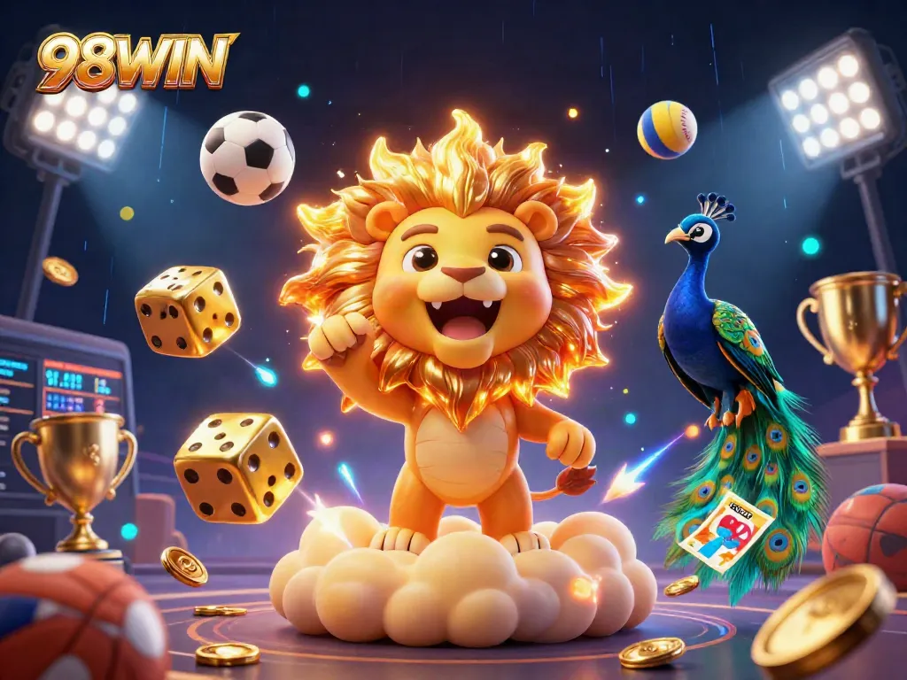Join the action at 98WIN with a dazzling illustration showcasing thrilling casino gameplay and vibrant sports elements.