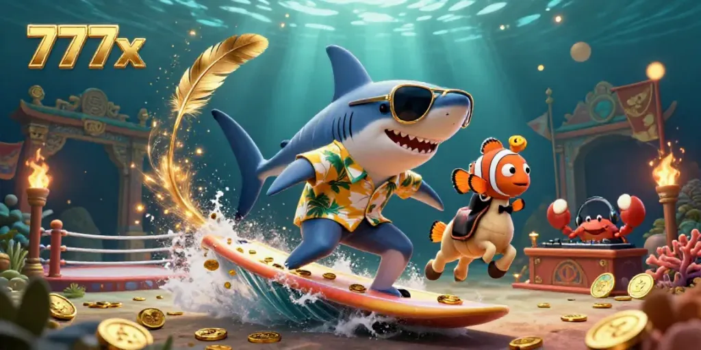 Experience the excitement at 777x, where a shark celebrates by riding animated coins in an underwater casino.