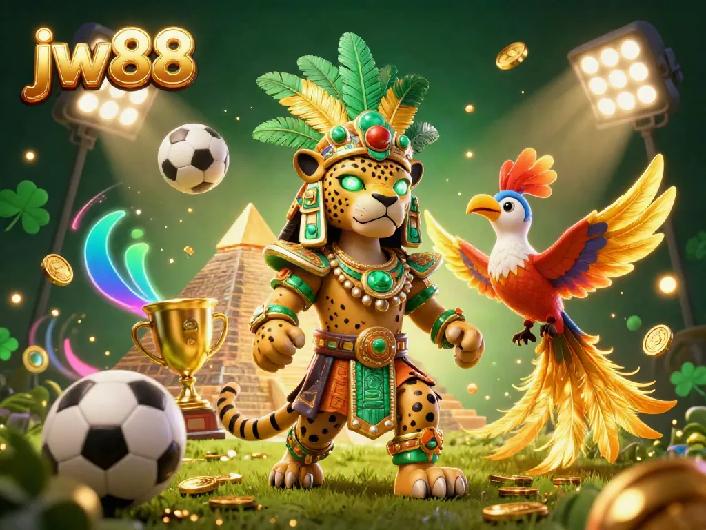 Engage with jw88's exciting casino environment featuring a vibrant 3D jaguar priest and dynamic sports elements.