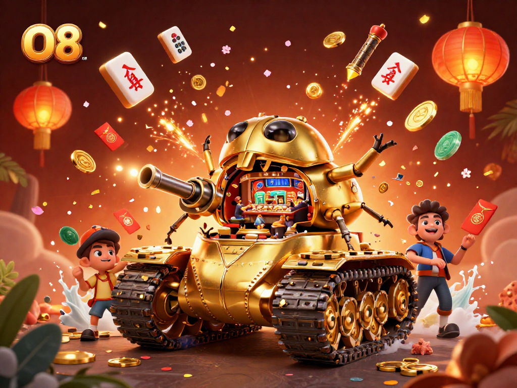 Engage with O8's immersive gaming experience inside a colorful 3D casino tank, full of vibrant details.