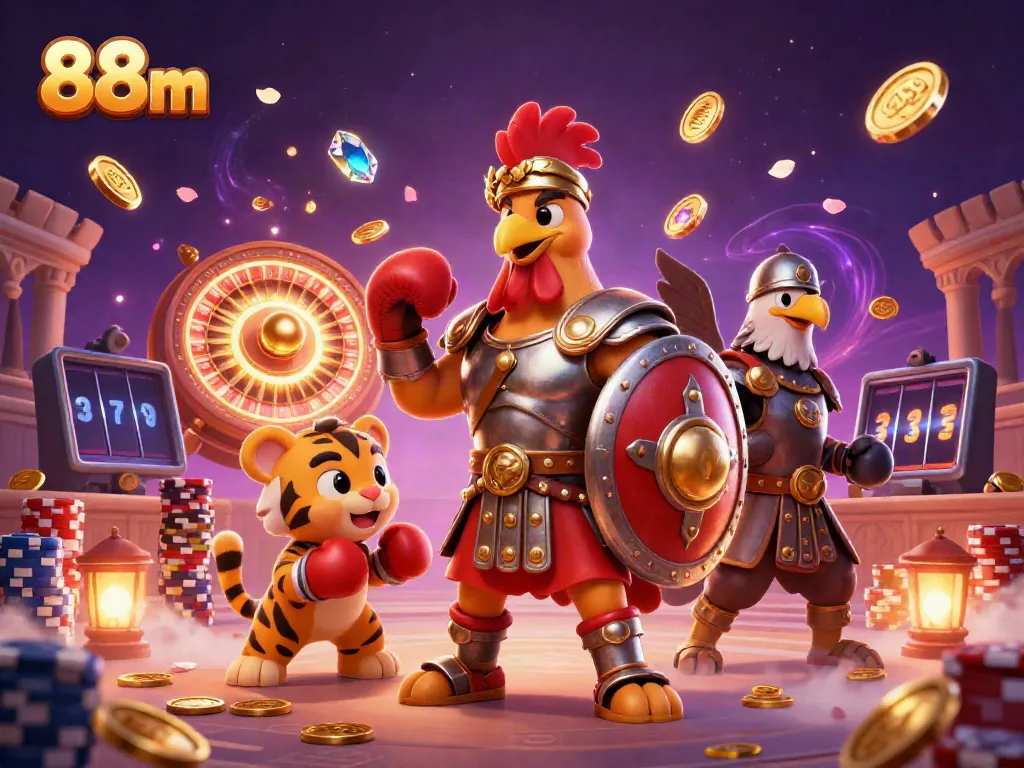 Engage in thrilling wins at 88m with a vibrant scene of a gladiator rooster and sparring tiger in a casino arena.