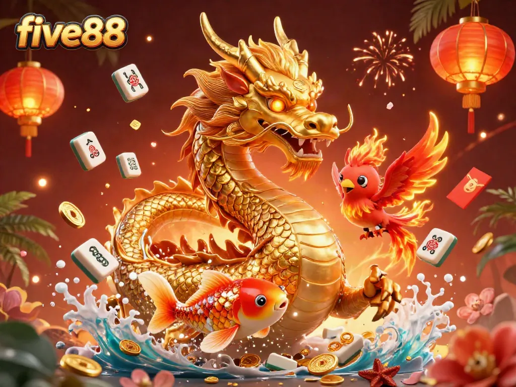 Engage in the exciting world of five88 casino with a vibrant illustration of dragons and lucky symbols!