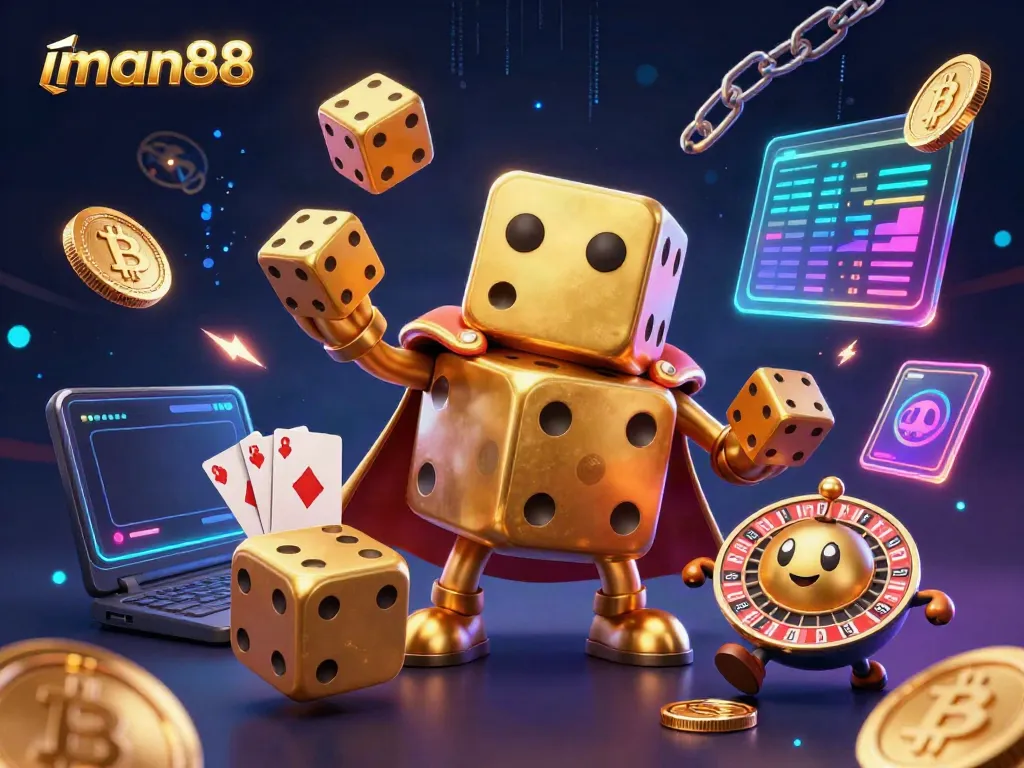 Experience the excitement of man88 as a golden dice golem casts winning spells with crypto symbols and vibrant casino elements.