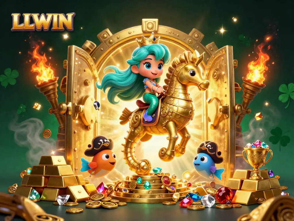 Experience the thrill of LLWIN with a vibrant illustration of a mermaid princess riding a seahorse in an underwater treasure realm.