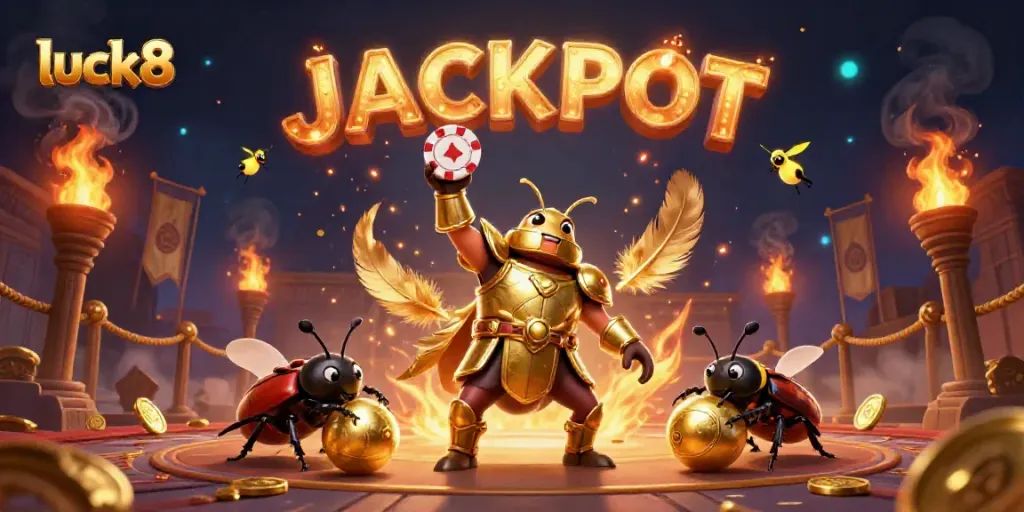 Experience winning moments at luck8 with a victorious beetle adorned in golden armor lifting a poker chip among dynamic casino elements.