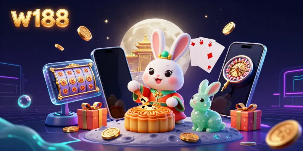 Experience the excitement of online gambling at w188, featuring rich illustrations of fun games like poker, slots, and the lucky moon rabbit.
