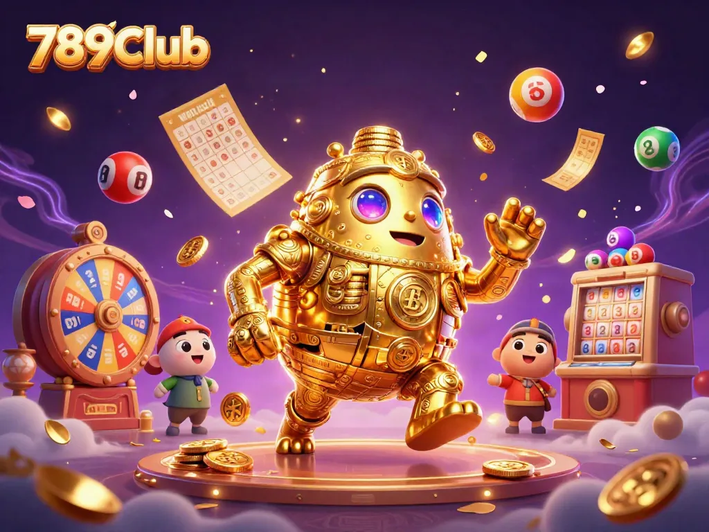 Experience dynamic game action with 789Club's golden golem, vibrant lottery balls, and exciting casino elements.